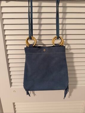 Tory Burch Farrah Light Blue Suede Hobo bag with Gold Ring Hardware